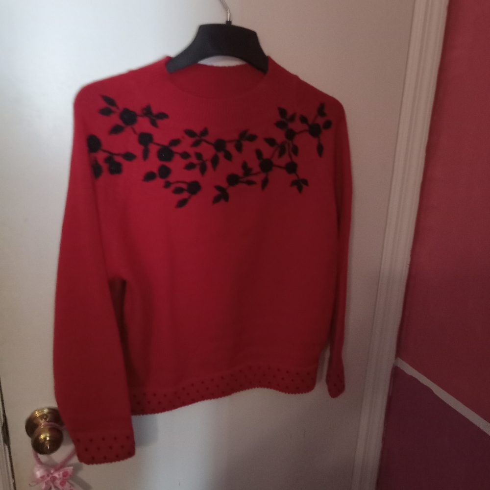 Women's Red Floral Embroidered Sweater